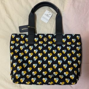 Coach Checkered Heart Canvas Tote in Navy Blue